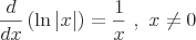 latex!encoded:base64,XGxhcmdlIFxmcmFje2R9e2R4fVxsZWZ0IChcdGV4dHVwe2xufVxsZWZ0IHwgeCBccmlnaHQgfCAgXHJpZ2h0ICkgPSBcZnJhY3sxfXt4fSBcICwgXCB4IFxuZXEgIDA=
